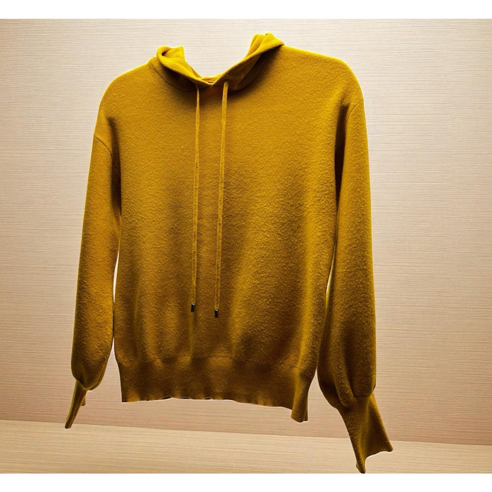 Magaschoni Hooded Sweater Ribbed Trims Drawstring Gold Mustard Size XS